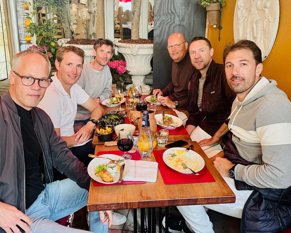 A fair share of cycling royalty around this lunchtable in Aarhus, Denmark today. Well - and me 😊. 
@andy_schleck @schleckfrank @f_cancellara @thejensie, Bjarne Riis.