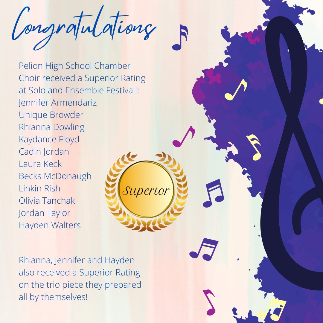 PelionPanthers's tweet photo. Congratulations to the Pelion High School Chamber Choir on their Superior Rating at Solo and Ensemble Festival! This is the highest rating possible and we are so proud of their hard work! https://t.co/Nh49Zquonl