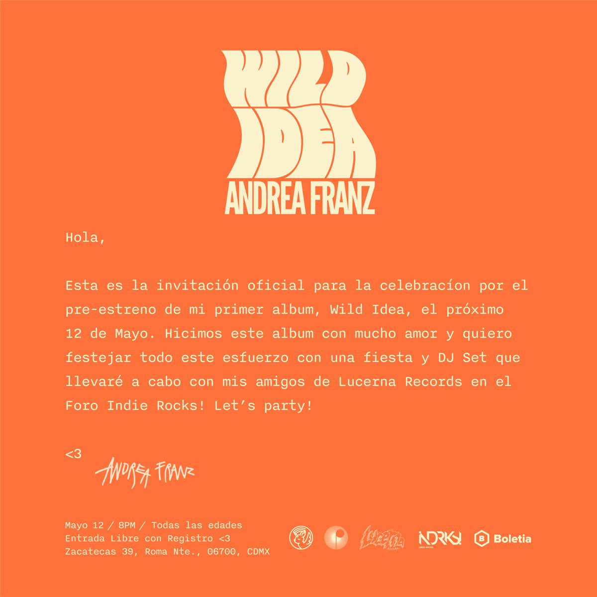 Recuerda que hoy tenemos fiesta para disfrutar junto a <a href="/frau_franz/">Andrea Franz 🖤🎤</a> la escucha de su álbum 'Wild Idea'. 🤩

¡ES GRATIS! Regístrate bit.ly/398rC3o
