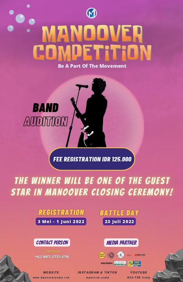 infosemarang_id's tweet photo. 🔊 CALLING OUT ALL SURFER 🔊 

Are you ready guys to become a champion?🌟

🎮 E-SPORT 
📍 Zoom and Live Youtube

⚽️ FUTSAL 
📍 Venus Semarang

🎸 BAND AUDITION 
📍 TP Music Studio

register link:
📲 https://t.co/cuGuovskeR

The Band Audition winner will be one of the guest star🏆 https://t.co/ghADGTSUd3