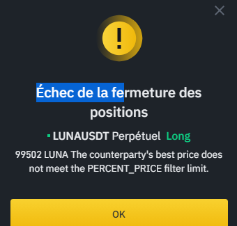 Just imagine tu prends une position de 400$ sur le #LUNA et tu peux pas cloturer ta position en profit de 400$ et tu finis par te faire liquider car tu peux rien faire #Binance