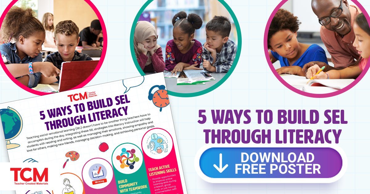 tcmpub's tweet photo. Teaching #SEL doesn't have to be one more thing teachers have to accomplish throughout the day when it is weaved into everyday instruction. Download this FREE poster for 5 strategies for integrating SEL instruction and activities into your literacy block: https://t.co/yxjIWqayLv https://t.co/ZbANUSpzLt