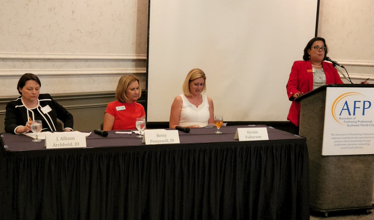 AFPSWFL's tweet photo. AFP SWFL thanks J. Allison Archbold, JD,  Archbold Law Firm; Betsy Pennewill, JD, Community Foundation of Sarasota County; and Kirsten Fulkerson, Gulf Coast Community Foundation for a discussion on how non-profits can be successful with planned giving programs on May 10. https://t.co/3LstupbnRW