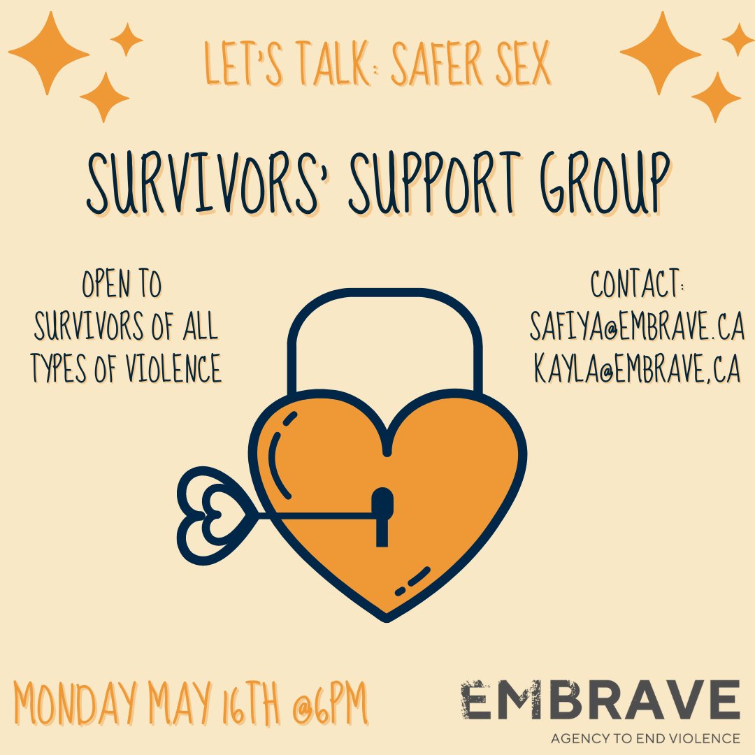 Embrave_ca's tweet photo. Monday May 16th at 6PM we’re hosting our 8th #OutOfIsolation Survivors’ Meet Up with Let's Talk: Safer Sex.

We’ll explore, what safer sex means to us, consent and pressure, sexual boundaries and, messages about sex and sexuality from the media!

Email safiya@embrave.ca to join! https://t.co/S8els0kPj0