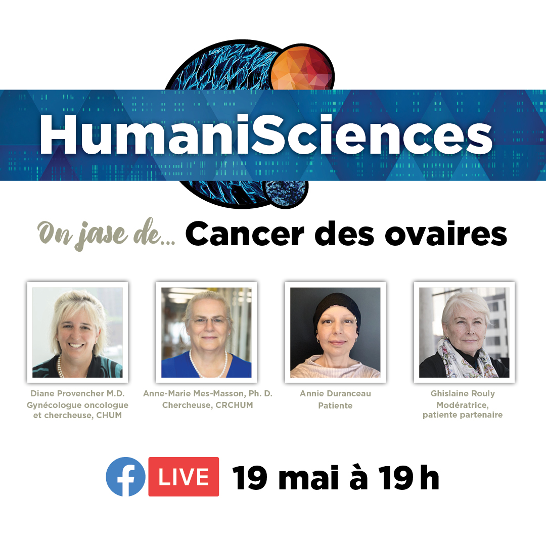 𝗖𝗮𝗻𝗰𝗲𝗿 𝗱𝗲 𝗹'𝗼𝘃𝗮𝗶𝗿𝗲
Quels sont les espoirs de recherche, les inquiétudes et enjeux des patientes?
Avec la Dre Diane Provencher et Anne-Marie Mes-Masson du #CRCHUM + Annie Duranceau, patiente.
⏰Le 19 mai à 19 h, sur notre page Facebook.
⏩chumontreal.qc.ca/crchum/eveneme…