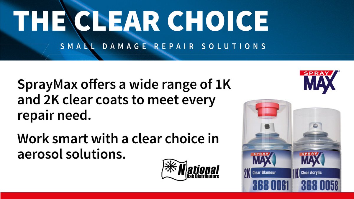 Work smart with a clear choice in aerosol solutions. SprayMax offers a wide range of 1K and 2K clear coats to meet every repair need. From matte finish to high gloss to rapid dry – plus a spot blender!

#spraymax #spotrepair #paintrepair #nationaloakdistributors #nod #nationaloak