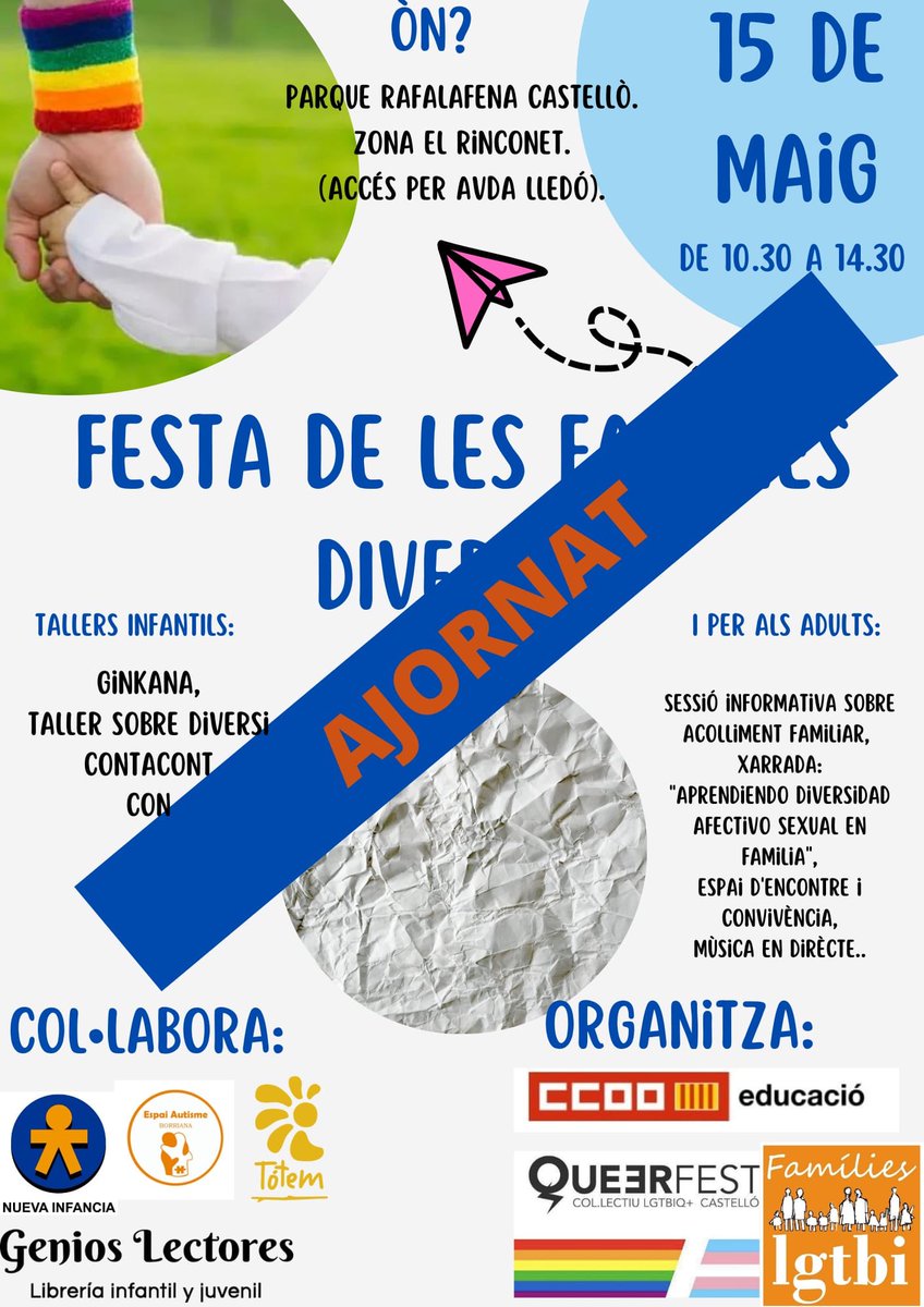 Queer_Fest_'s tweet image. Per motius aliens a l'organització, la festa queda ajornada.  Us comunicarem la nova data en breu. Disculpeu les molèsties.
@FLGFamiliesLGTB @educacio_ccoopv @AccioLGTBI