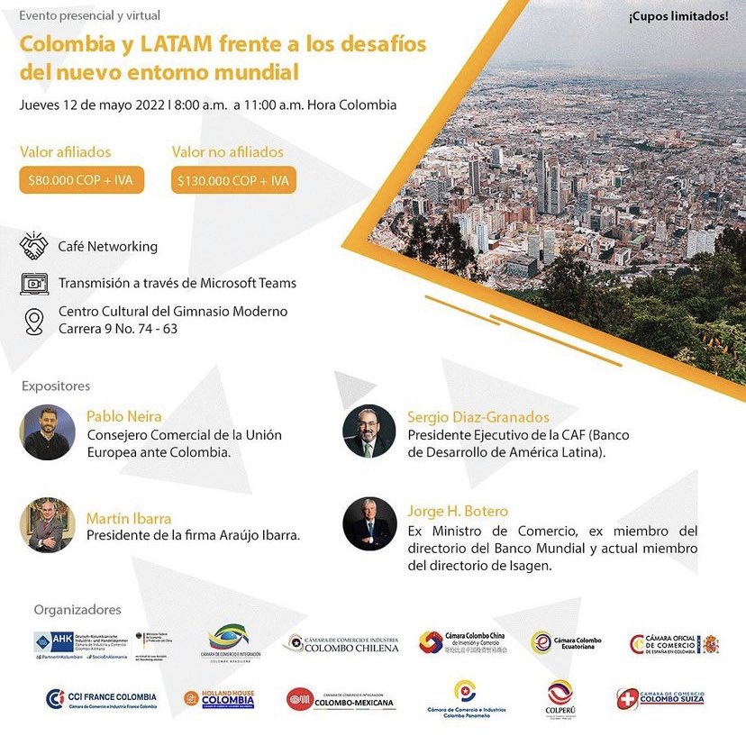 AgendaCAF's tweet photo. ¡#CAFPresente en el #ForoCámarasBinacionales !

Nuestro presidente ejecutivo @sergiodigra está participando en el encuentro, cuyo tema es "🇨🇴 y #LATAM frente a los desafíos del nuevo entorno mundial".

¡Sigue el evento aquí! 👉🏻https://t.co/porF1TPyum https://t.co/jYjv2K1GLw