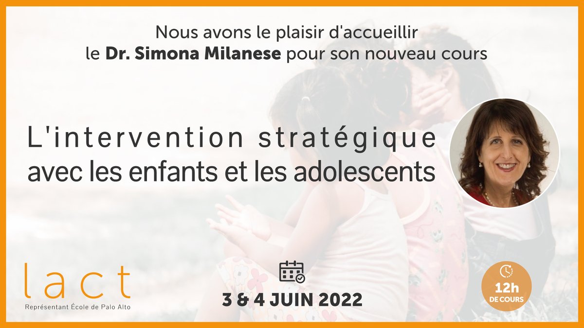 Nous avons le plaisir d'accueillir le 𝐃𝐫. Simona Milanese pour son nouveau cours "𝙇'𝙞𝙣𝙩𝙚𝙧𝙫𝙚𝙣𝙩𝙞𝙤𝙣 𝙨𝙩𝙧𝙖𝙩𝙚́𝙜𝙞𝙦𝙪𝙚 𝙖𝙫𝙚𝙘 𝙡𝙚𝙨 𝙚𝙣𝙛𝙖𝙣𝙩𝙨 𝙚𝙩 𝙡𝙚𝙨 𝙖𝙙𝙤𝙡𝙚𝙨𝙘𝙚𝙣𝙩𝙨".

Date : 3 et 4 Juin 2022

infos et inscription : lact.fr/achat/catalogu…
