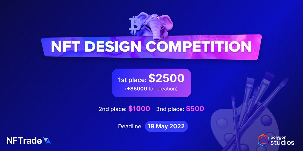 NFTradeOfficial's tweet photo. 🚨Reminder!

Our NFT design competition for the #PolygonPolyphant #NFT collection is open till the 19th of May!

To participate:
👉Prepare your art,
👉Tweet out the NFT design with the hashtag #PolygonPolyphant and tag @NFTradeOfficial, @polygonstudios, and @0xPolygon. https://t.co/rtMptVOQKQ