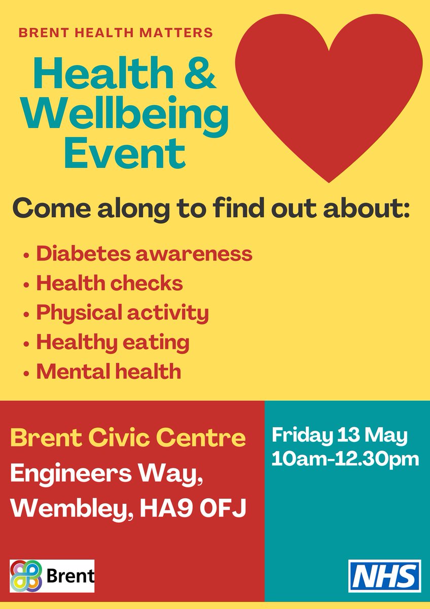 Get along to the Brent Health Matters HEALTH &amp; WELLBEING EVENT at BRENT CIVIC CENTRE in Wembley TOMORROW (Friday 13 May). Come along any time between 10am and 12.30pm.

Health checks, diabetes awareness, healthy eating advice and more on offer - don't miss out on the opportunity.
