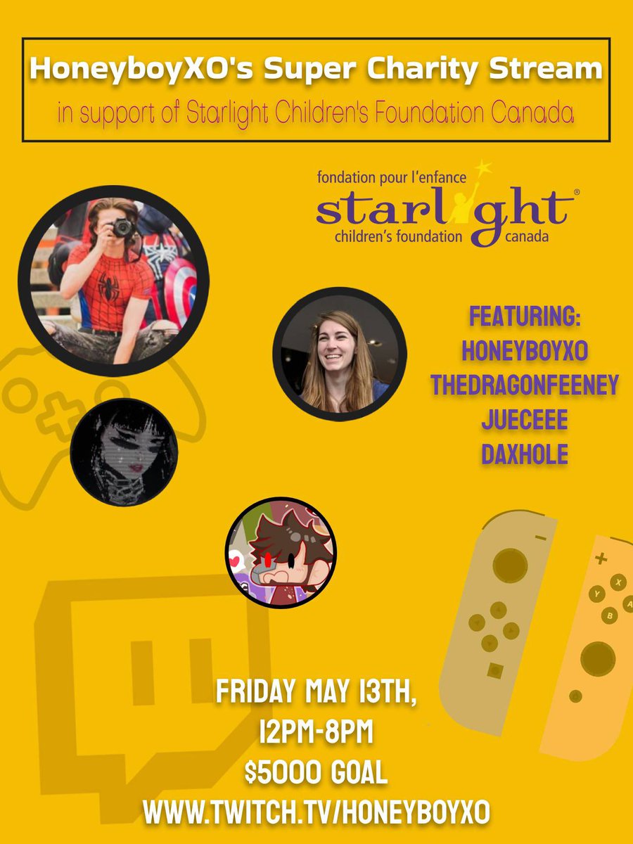 Daxhole's tweet photo. ⭐️HUGE THINGIE⭐️

Tomorrow me and a few other people will be LIVE for 8 hours doing a huge charity event for @StarlightCanada to help raise money for sick kids!!! It would mean the world to me if y’all could donate, watch, or even just retweet this 🥺🥺🥺❤️❤️ #charity #twitch https://t.co/EuN6HsY670