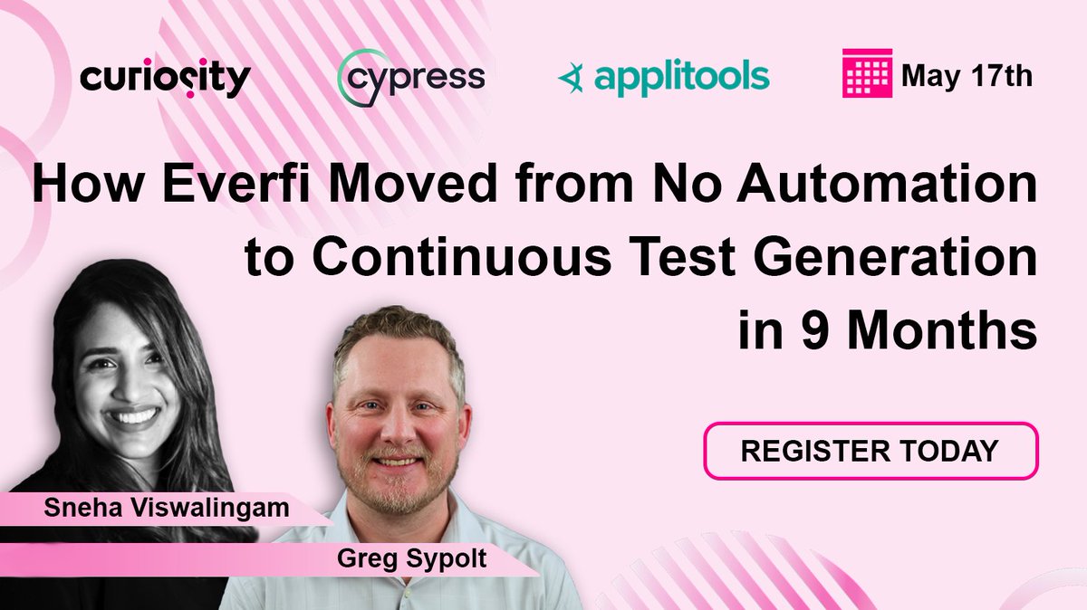 Applitools's tweet photo. Reminder:🗓️ On May 17 • 2:00 PM UTC🗓️
Learn how @EVERFI Moved from No Automation to Continuous Test Generation in 9 Months!

@Sviswalingam @gregsypolt @CuriositySoft @Cypress_io #TestAutomation
 
https://t.co/tLWDvXKrpK https://t.co/Adu5dYYRxE