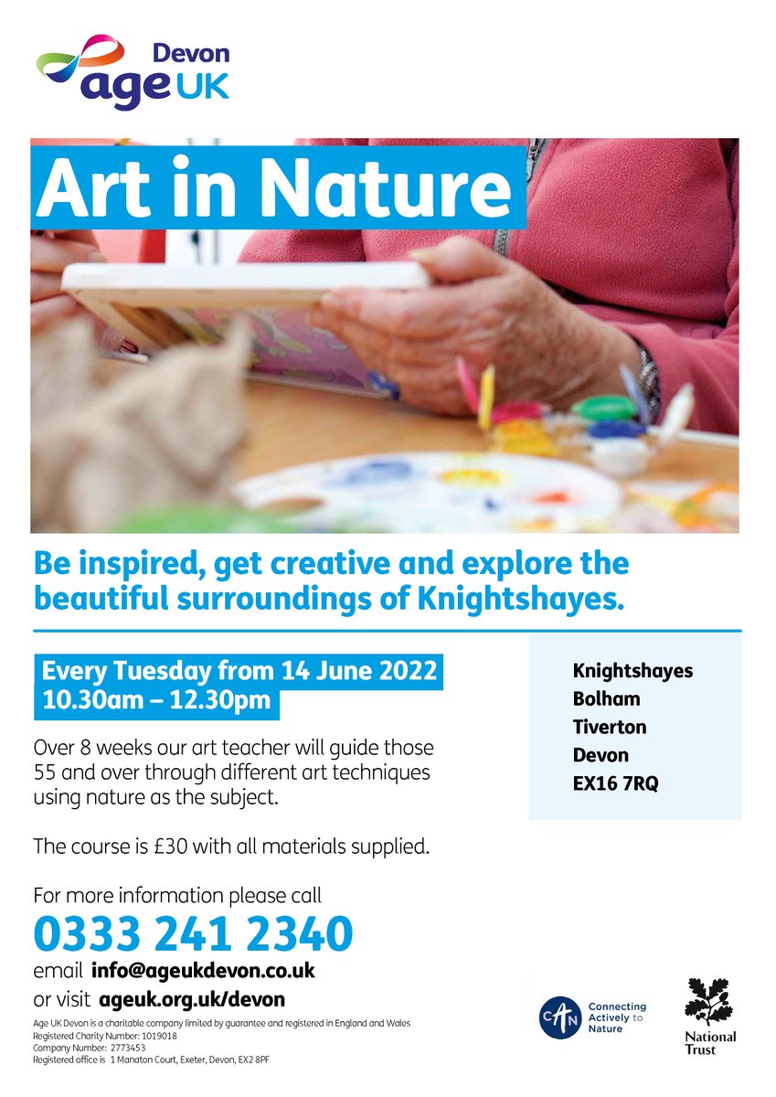 AgeUKDevon's tweet photo. Are you looking to inspire your creativity?
Our new Art in Nature group based at Knightshayes may just be the answer.
With guidance you will explore different art techniques using nature as your muse.
https://t.co/h6iM54FNm9
@activedevon #connectingactivelytonature https://t.co/acXBtQsRmA