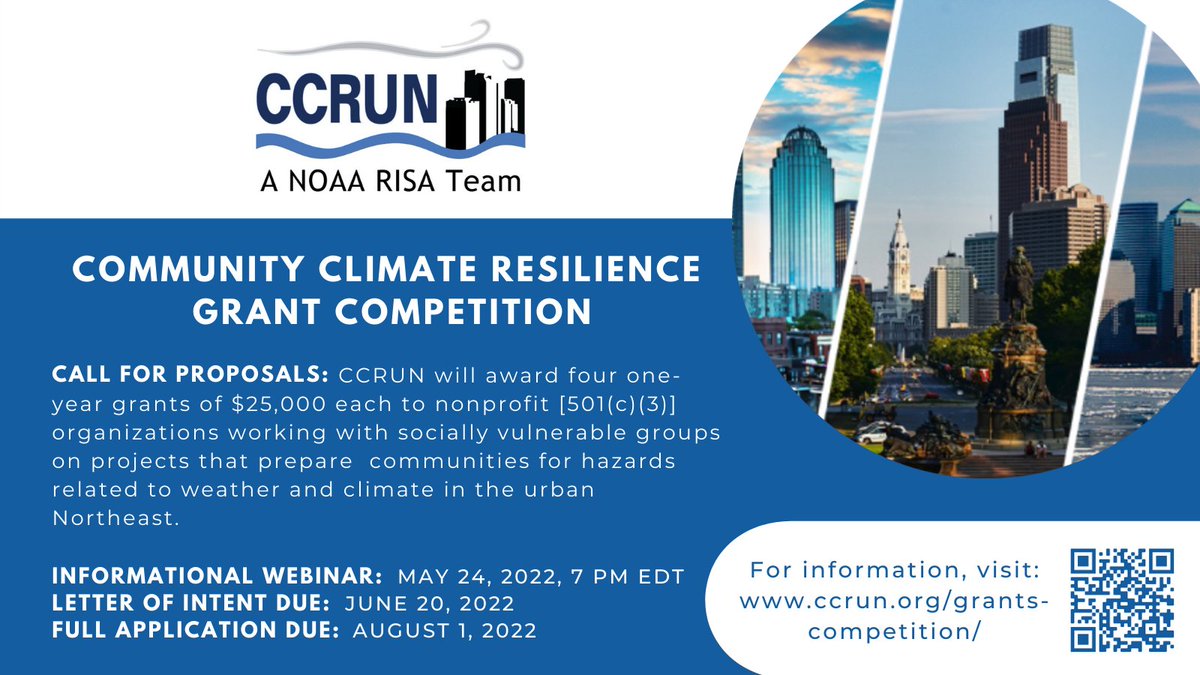 CCRUN_RISA's tweet photo. Applications are open for CCRUN's Community Climate Resilience Grant Competition, four one-year grants of $25,000 for non-profit orgs working on weather &amp; climate resilience projects w/ communities in the urban Northeast. Learn more &amp; apply: https://t.co/hLZJ11coLF https://t.co/LeUnk3nHVK
