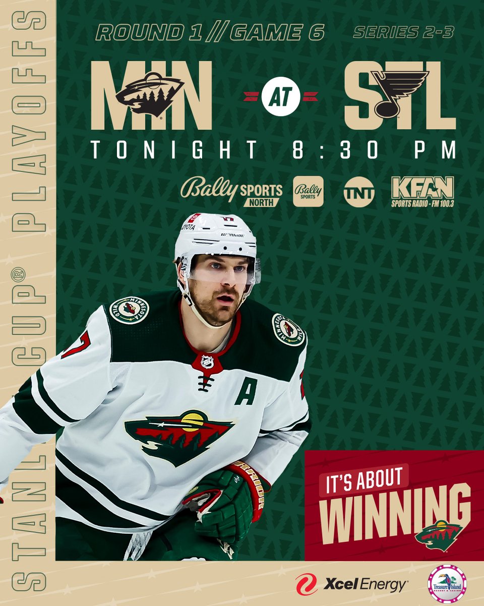 mnwild's tweet photo. Time to get even. 

⏰ 8:30 p.m.
📺 @BallySportsNOR | @NHL_On_TNT 
📻 @KFAN1003 
📍Enterprise Center
🤝 @xcelenergy | @ticasino 

#ItsAboutWinning https://t.co/KFo39YM8SD