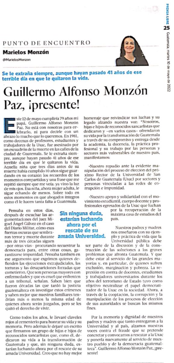 MarielosMonzon's tweet photo. Hoy cumpliría 79 años Guillermo Monzón Paz, mi papá. No está para abrazarlo, en 1981 fue asesinado por un escuadrón de la muerte. 

Se le extraña siempre, sobre todo ahora que abogados íntegros como él, le hacen tanta falta a Guatemala.

Una🌹y mi columna para honrar su memoria. https://t.co/U9Hp7cKJLT