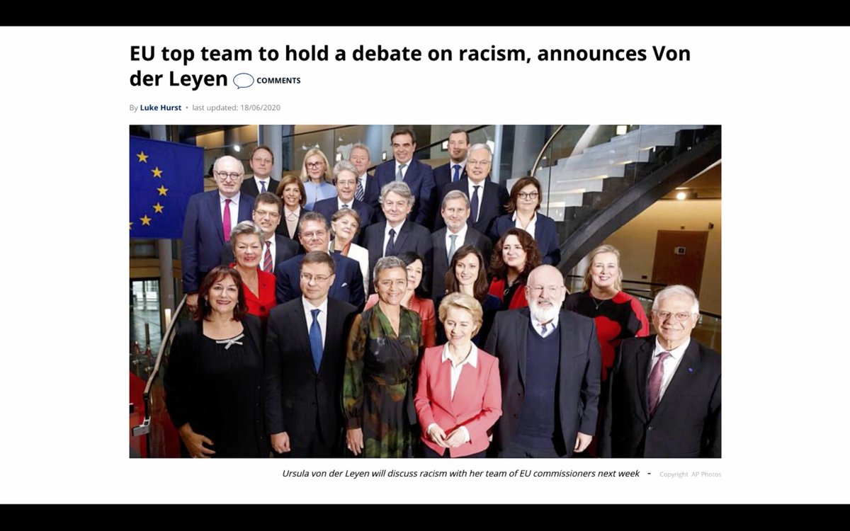 KatePark_r's tweet photo. Watching this session: Carla (A Global Digital Conference on Diversity and Inclusion in the Film and TV Industry) 2020 Spotlight: Reflexions: Race, Film &amp; Europe 
https://t.co/BPGMc35TsN and struck by this image of top EU team. These people think we need a debate on Racism @bectu https://t.co/EMX85AjQoX