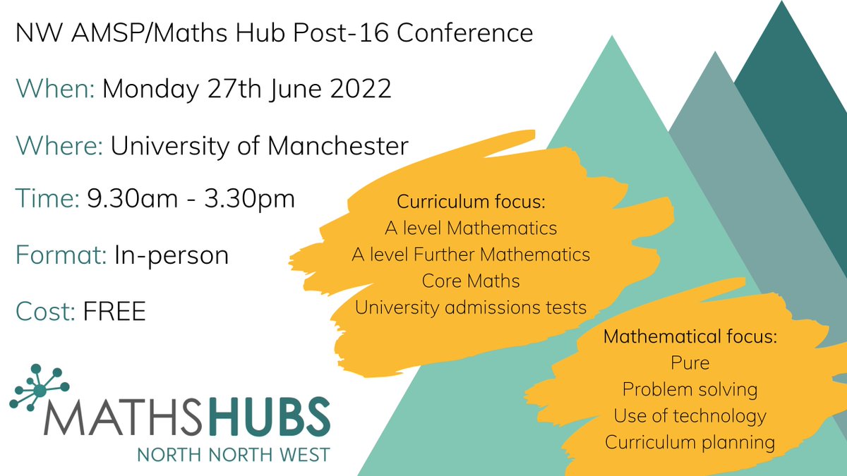 We have lots of events planned during the second 1/2 of the summer term. Why not join us at @amspNW /Maths Hub Post-16 Conference on Monday 27th June. 
Find out more and sign up here: https://t.co/79kHJCE8Cg
#MathsCPD #MathsHubs #Maths