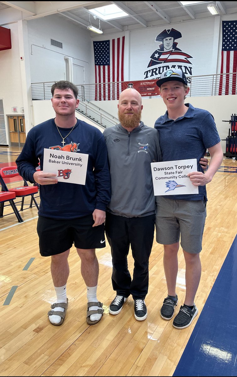 Truman_Baseball's tweet photo. Congratulations to Dawson and Noah for signing today. Dawson will be attending State Fair Community College and Noah will be attending Baker University. https://t.co/WOIVZpNG1N