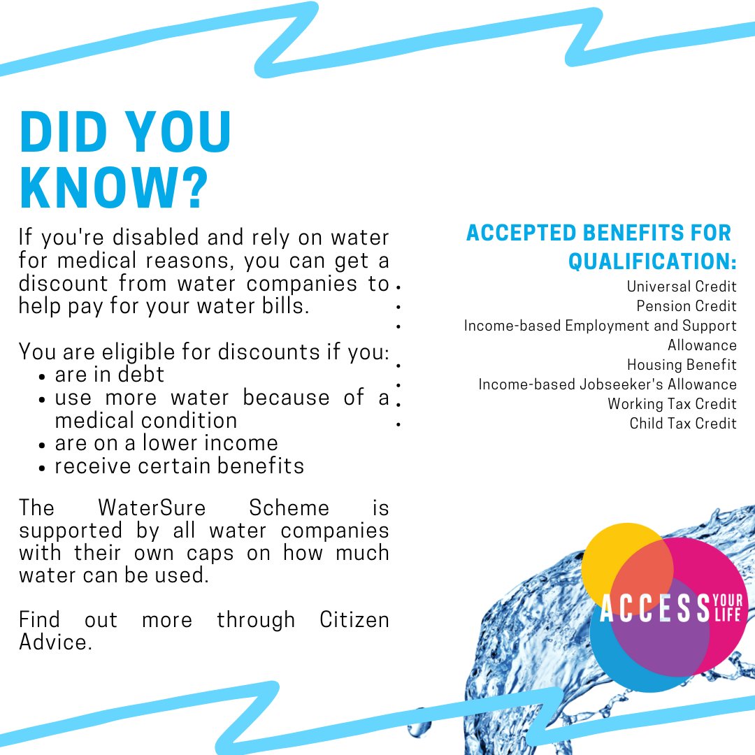 accessyourlife's tweet photo. If you need extra help with paying your water bill due to your medical condition, check out WaterSure (link in bio) - a scheme carried out by most water companies in the UK that will help during the cost of living crisis! #AYL #WaterSure #CostOfLiving #DisabilityAwareness https://t.co/T5OlesmnBT