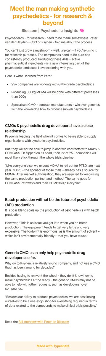 Meet the man making synthetic psychedelics - for research &amp; beyond

Here is what we learned from Peter van der Heyden - CSO <a href="/psygenltd/">Psygen</a> - about producing psychedelics for research &amp; at scale

Read the full interview with Peter on Blossom 👇 blossomanalysis.com/how-to-make-ps…