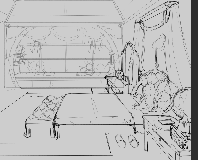 quick lil wip on the enna bg im working on 🥺 aloupeepos im gonna put a shelf on the other side,, if yall have any ideas what to put that would help a lot 🥺 