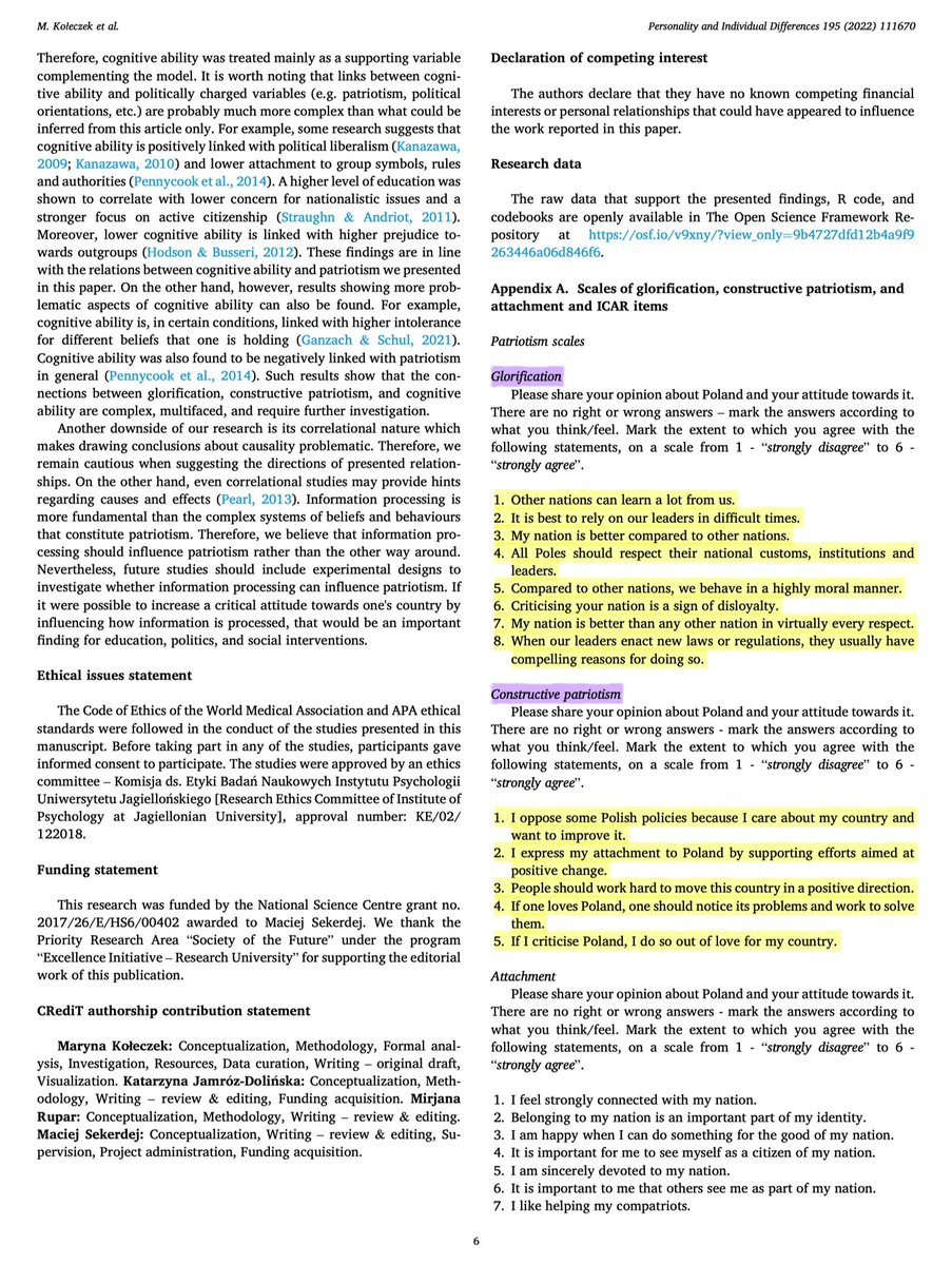 Not all patriotism/nationalism is equal.

Maryna Kołeczek et al. empirically dissociate wanting to *glorify* and wanting to *improve* one's country.

Reasoning abilities correlated negatively with the former and positively with the latter.

N ≅ 2500 

sciencedirect.com/science/articl…