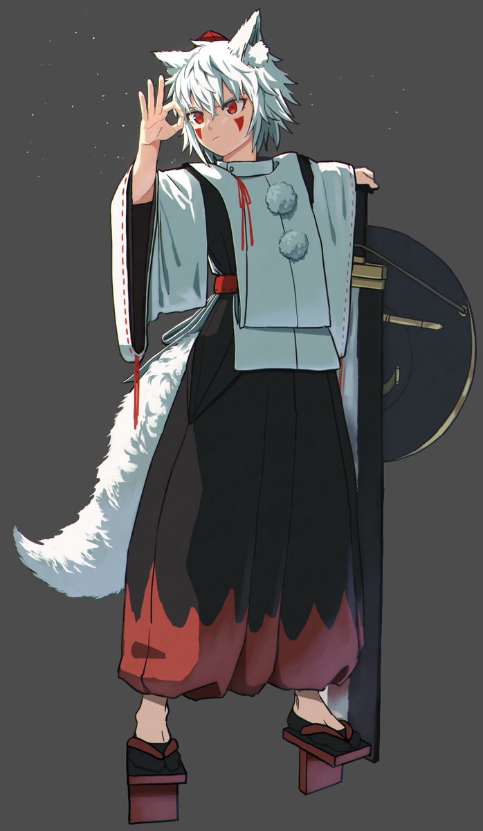 inubashiri momiji 1girl animal ears solo shield tail wolf ears white hair  illustration images