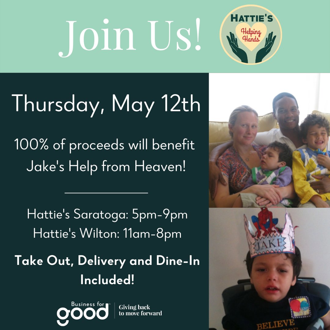 Business_4_good's tweet photo. #HattiesHelpingHands Tonight, join us at all our Hattie's locations where 100% of all our proceeds will benefit Jake's Help from Heaven (@jakeshelp)! #4GoodNotGain #Hatties #Philanthropy #Donations #NonProfit #SaratogaSprings https://t.co/yxsPJT7cWC