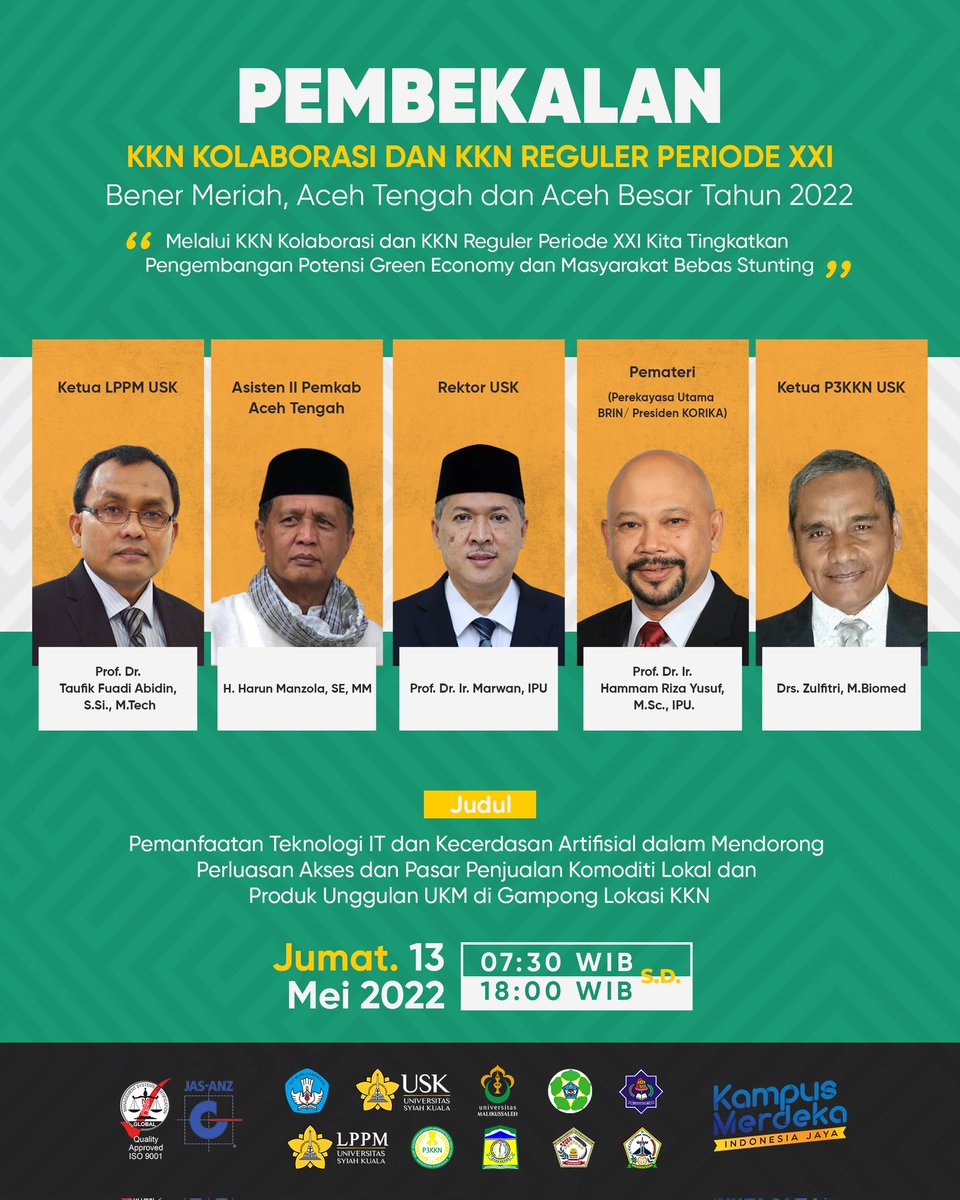 lppm_usk's tweet photo. Pembekalan KKN Kolaborasi dan KKN Reguler Periode XXI Bener Meriah, Aceh Tengah dan Aceh Besar 2022
Tema:
"Melalui KKN Kolaborasi dan KKN Reguler Periode XXI Kita Tingkatkan Pengembangan Potensi Green Economy dan Masyarakat Bebas Stunting"
#usk #unimal #unsam #utu #lppm #kkn https://t.co/TtcGY3V0ko