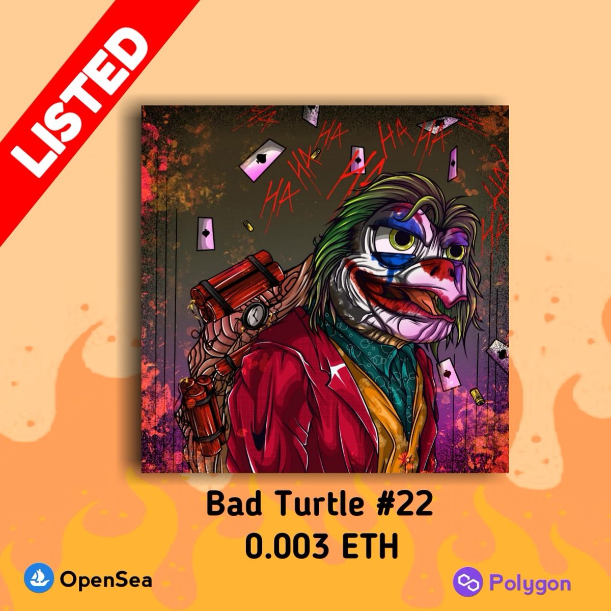 BadTurtleNFT's tweet photo. Hello guys
Just dropped a badturtle new nft
(Joker Theme)
Check it out
Link:https://t.co/ZB2fdeEiUB
Instagram:BadTurtle_NFT
#NFTs #NFTGiveaways #NFTCollection #NFTProjects #NFTartist #NFTGiveaway #NFTdrop #NFTs #NFTshill #NFTartists #bayc #opensea #polygon https://t.co/3YgwtTBv0k https://t.co/fu4EwMyuPX