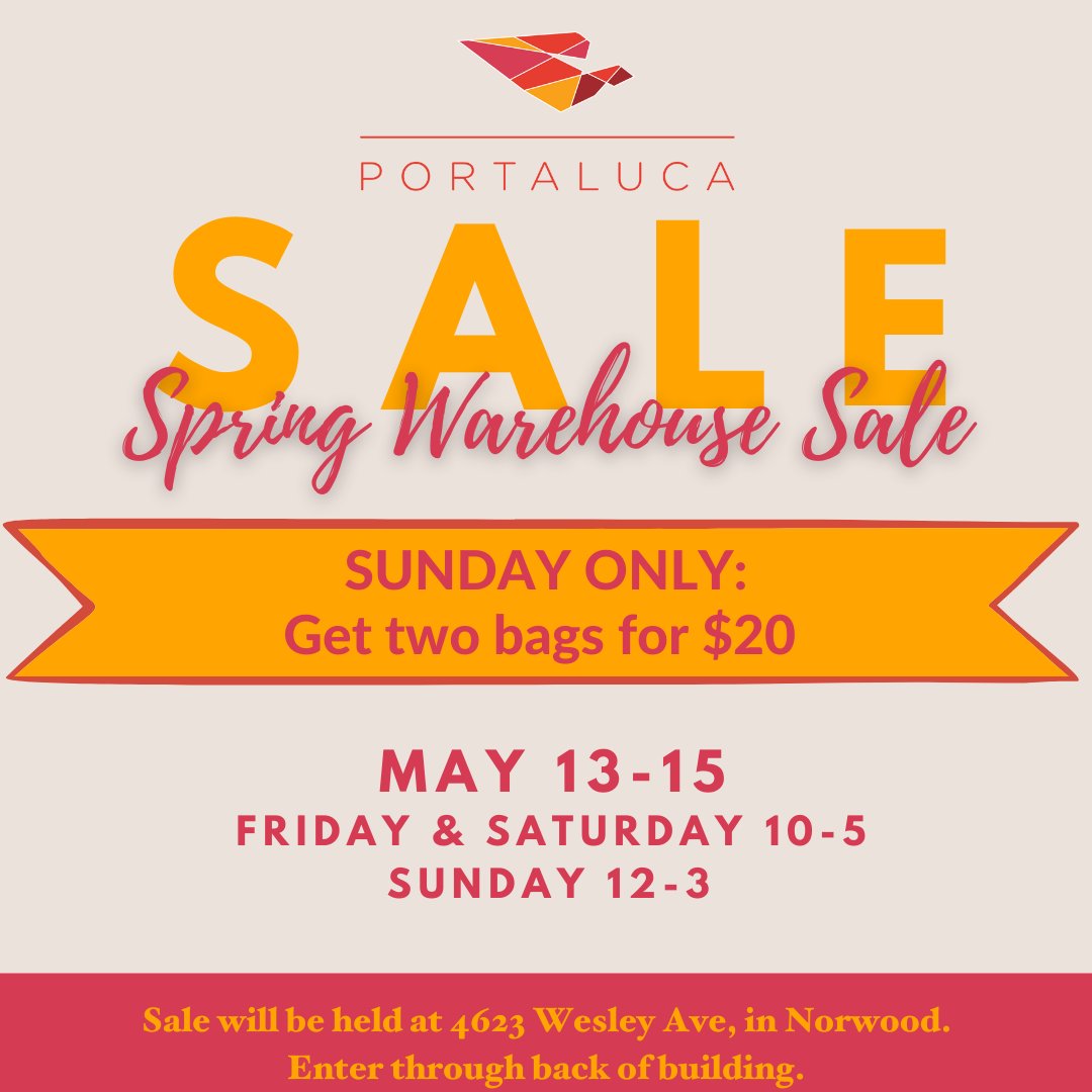 DFSCincy's tweet photo. Shop Portaluca's Spring Warehouse Sale THIS WEEKEND! This Friday and Saturday from 10-5, fill a bag with fabulous fashions for only $20. PLUS, Sunday from 12-3, get TWO BAGS for only $20. All proceeds from this sale support DFSC. #DFSC #PortalucaBoutique https://t.co/0KyRZONPR8