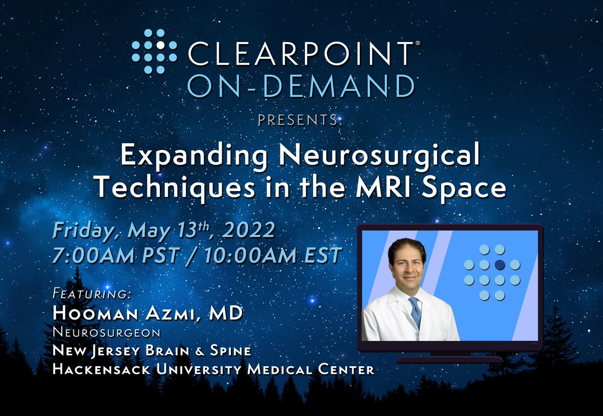 ClearPointNeuro's tweet photo. Join us tomorrow on Fri. May 13 at 10AM Eastern (7AM PST) for the new edition of our #ClearPoint On-Demand Peer-to-Peer Webinar Series, featuring #neurosurgeon Dr. Hooman Azmi of Hackensack University. Register for free: https://t.co/mZ5dcqegWu #ClearPointOnDemand #Nsgy #CLPT https://t.co/bg0jlVeXu4