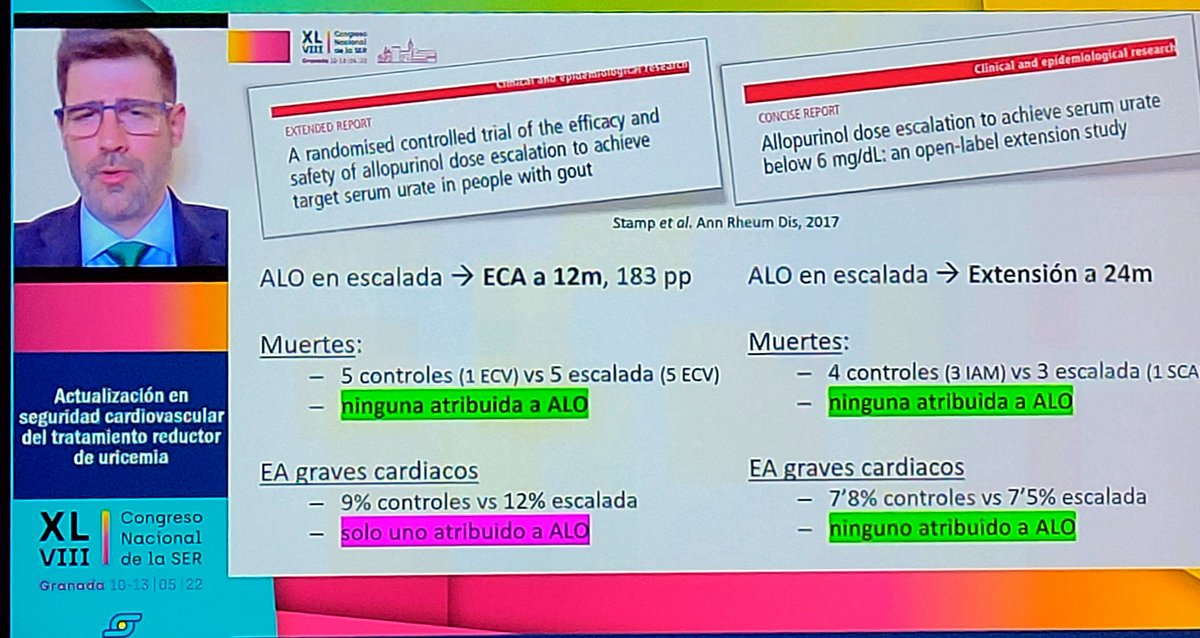 cesardiaztorne's tweet photo. Y ahora @enriquecalvoA nos explica la seguridad cardiovascular de los tratamientos reductores de la uricemia. Recordad!! Es mucho peor tener gota que cualquiera de los tratamientos!!! Alopurinol, febuxostat y benzbromarona son seguros!!! #SER2022 #geacser #gota #gout https://t.co/otMqTZPbNF