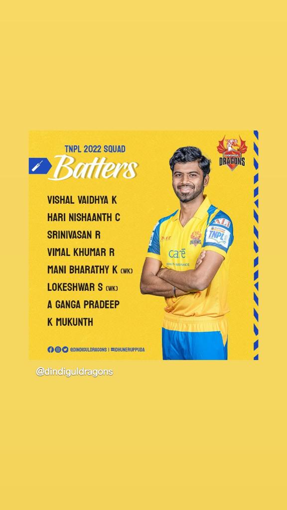 DindigulDragons's tweet photo. 🔥🏏 The ones with the runs. Namma specialist batters for this season.

#TNPLDraft #TNPL2022 #TNPL #DindigulDragons #IdhuNeruppuda #DragonsFamily https://t.co/W3oK2oODJC