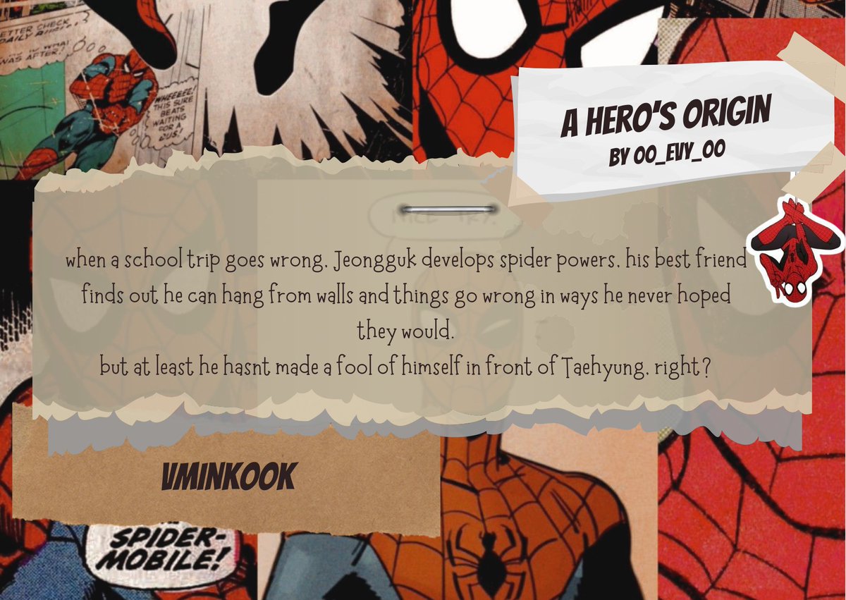 🕷️ a hero’s origin by @Evyisevyl🕷️ 

🕸️ Teen And Up Audiences
🕸️ Creator Chose Not To Use Archive Warnings
🕸️ Jeon Jungkook as Spider-Man, Jikook are best friends, School Trips, Taehyung as MJ, Canon Divergence

➲ ao3.org/works/38944443…
