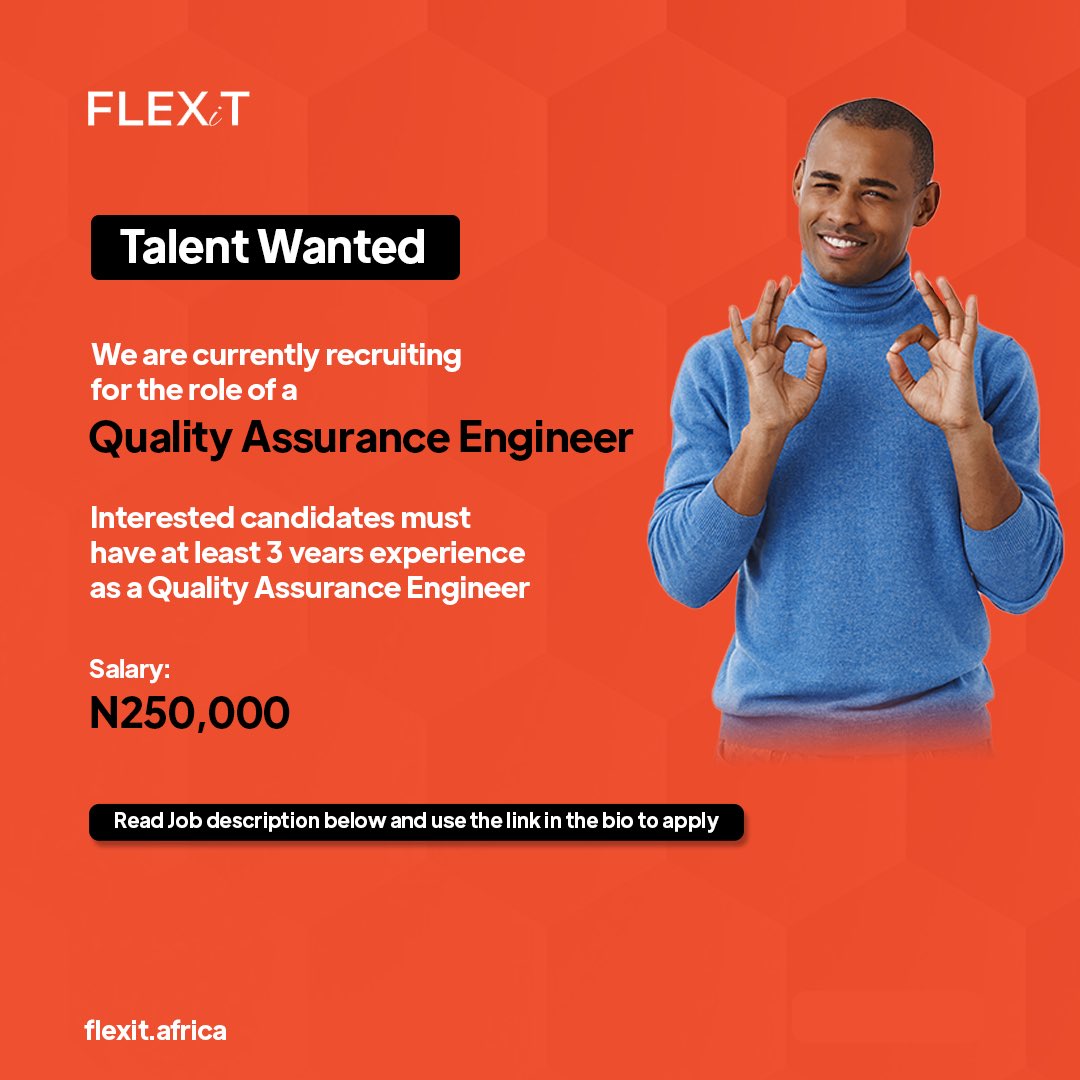 flexitafricang's tweet photo. Hey guys!

Trust you are going well. 

Our Client a leading pan-African financial services institution with a global footprint is looking to HIRE a Quality Assurance Engineer
IMMEDIATELY.

Gig Type- 6 months Contract https://t.co/H3WvhM5si5