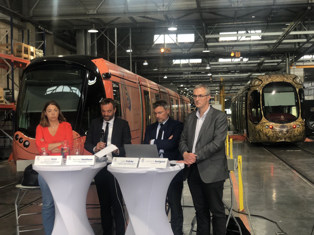 CoteMontpellier's tweet photo. #Mobilites : @MDelafosse @montpellier_ fait le point sur les #investissements à venir pour le réseau #tram @TaMVoyages en faveur de la #securite des #voyageurs. Il est entouré de Julie #Freche, de @LaurentNison et de Laurent #Senigout DG de @TaMVoyages. #Transports https://t.co/gqzhn9Q7HO