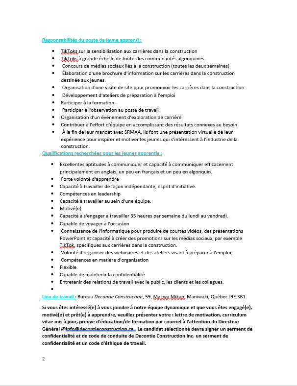 Join our team PSAAW Employment Offer 
Rejoins notre équipe SRMAA Offre d'emploi