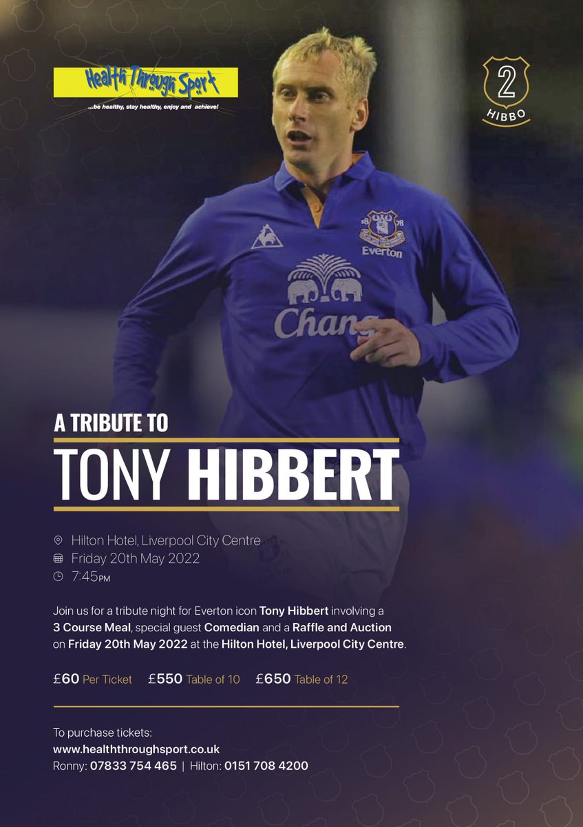 AshleeM1987's tweet photo. Got plans Friday 20th May?! Cancel them and come to the tribute night to Tony Hibbert at the Hilton Hotel.
Book your table now! See you there!
@HealththruSport @EFC_FansForum @LivEchoEFC @Everton
#TonyHibbert #mentalhealth #charity #EvertonFC https://t.co/cmFx9qhLFo