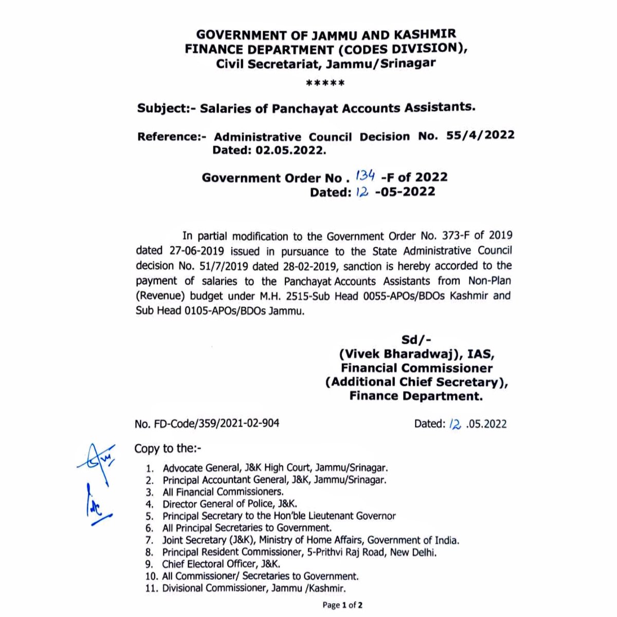 JAKFAS_'s tweet photo. Codes Division of the Finance Department accords sanction to the payment of Salaries to the Accounts Assistant (Panchayat) from Non-plan (Revenue Budget) under 
M.H.-2515
Sub Head 0055-APOs/BDOs Kashmir
Sub Head 0105- APOs/ BDOs Jammu. 
@jkrddpr @paa_jk https://t.co/P2zs7fVmGl