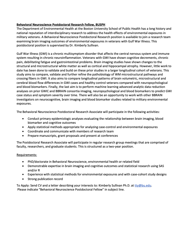 ClaraZundel's tweet photo. Awesome Behavioral Neuroscience/Environmental Health post-doc position in my graduate mentor, @KimSullivanBU 's lab at BUmed. Read the description below and apply! #postdoc #neuroscience #bumed #environmental #health #neuroimaging https://t.co/kveXApd2gE