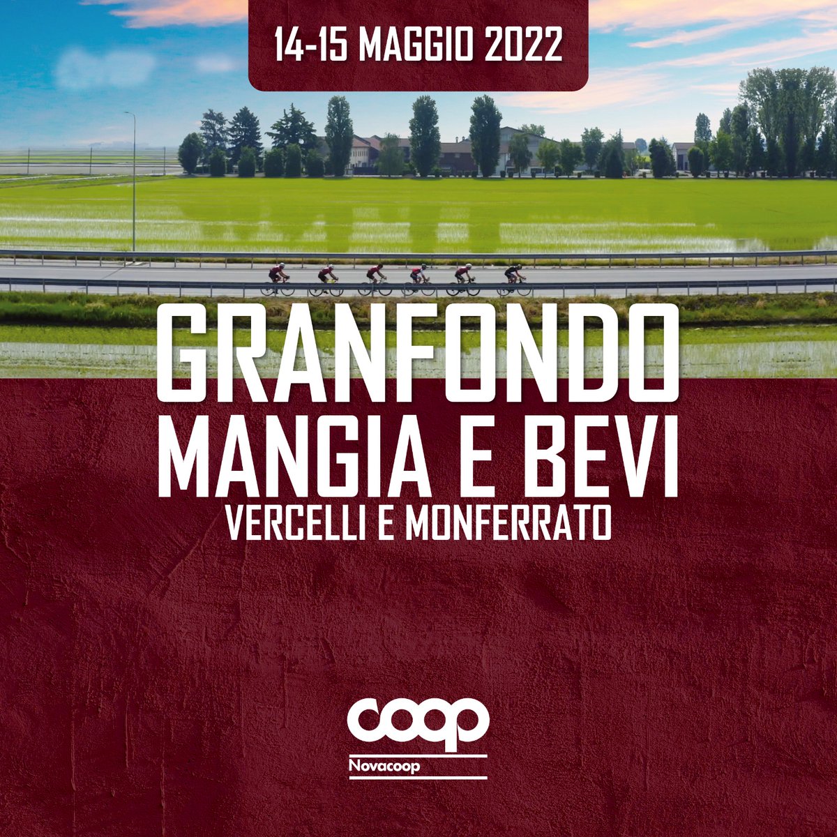 Nova_Coop's tweet photo. Il 14 e 15 maggio saremo alla #GranfondoMangiaeBevi con #NovaAeg e #InfoFood per la tradizionale gara ciclistica di Vercelli 🚴 Celebriamo lo sport e il territorio con i prodotti a #marchioCoop 👌 Scopri di più sull’evento 👉 https://t.co/nSImNVAyVq https://t.co/mTvV3CDhAh