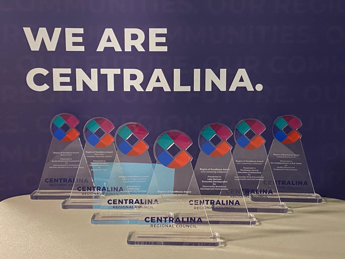 WeAreCentralina's tweet photo. Congratulations to this year's Region of Excellence Award winners!!  @lnedc, Rowan County Education Collaborative, @GastonCountyGov Tourism Development Dept, Neighborhood C.A.R.E Center, @CLTAirport EV Bus Fleet, Mike Legg @Kannapolis City Manager https://t.co/x3HNLYRk3R https://t.co/M7Y8LTknQ0