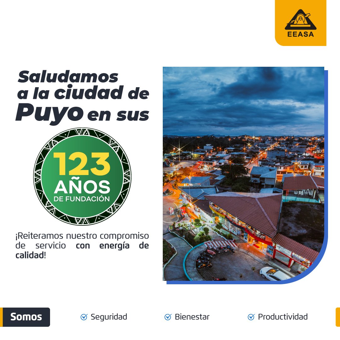 EEASA_RCN's tweet photo. @EEASA_RCN saluda a Puyo en sus 123 años de fundación, tierra de gente generosa y trabajadora, llena de encantos y tradiciones. Reiteramos nuestro compromiso de servicio con energía de calidad.
#EEASA #PasiónPorElServicio https://t.co/Pt6siIZUns