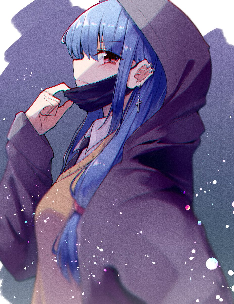 kotonoha aoi 1girl solo blue hair hood mouth mask mask long hair  illustration images
