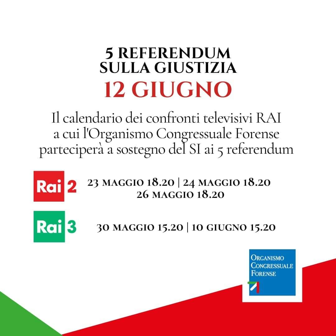 📺Il calendario dei confronti televisivi RAI a cui parteciperà l' Organismo Congressuale Forense OCF a sostegno del #SI ai 5 #referendum sulla #giustizia.