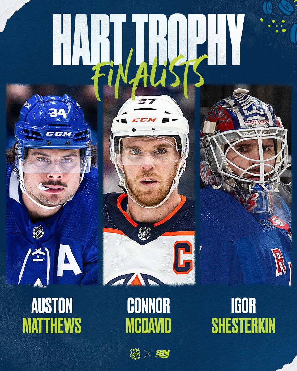 Sportsnet's tweet photo. Auston Matthews, Connor McDavid and Igor Shesterkin have been named the finalists for the Hart Trophy. ๐
Who do you think will win the award? ๐ค https://t.co/KQuMBLX00x
