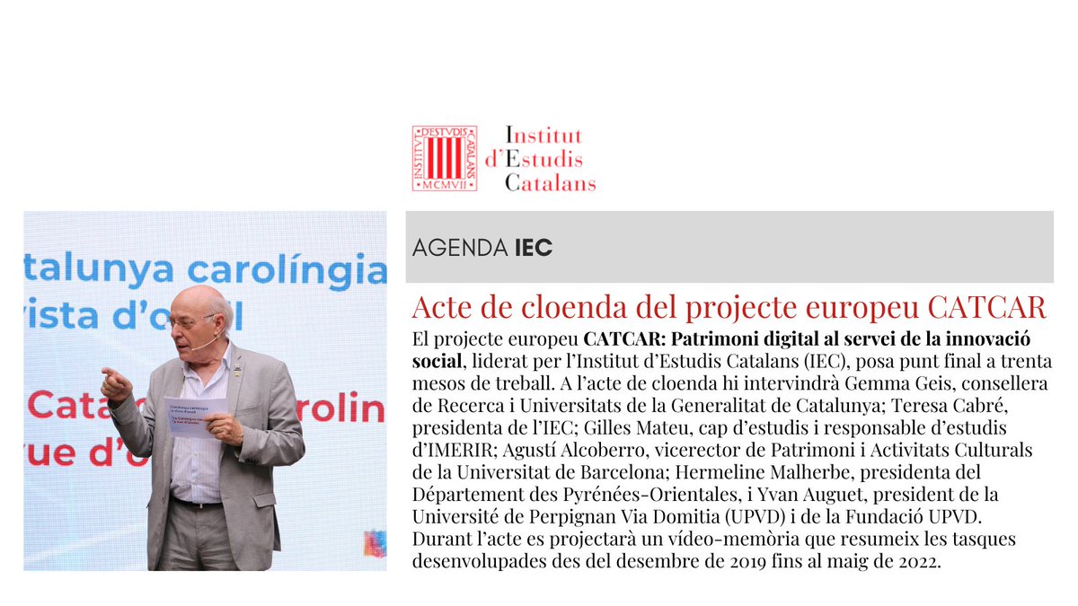 iec's tweet photo. #AgendaIEC | Acte de cloenda de @CATCAR_UE

📅 Dimecres 18 de maig, a les 12 h

📌 Dual (claustre de la Casa de Convalescència, seu de l’IEC, i en línia)

👉 https://t.co/jkpyw7KjBu https://t.co/aEZ63JzxAi